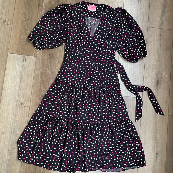 Kate Spade Glimmer Polka Dot Midi Wrap Dress Sz XS / 2 - Black Pink Flowy Preppy - Picture 6 of 13